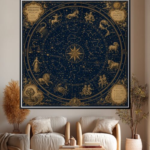 Historic 1760 Planisphere Celeste star map poster featuring midnight blue background with gold constellations, zodiac signs, and baroque border illustrations on archival wall art.