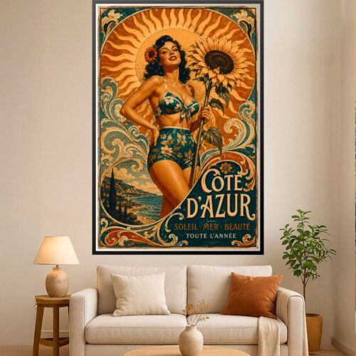 Vintage Art Deco Côte d'Azur poster featuring a glamorous woman with sunflower and golden sun, ornate teal borders and coastal landscape.
