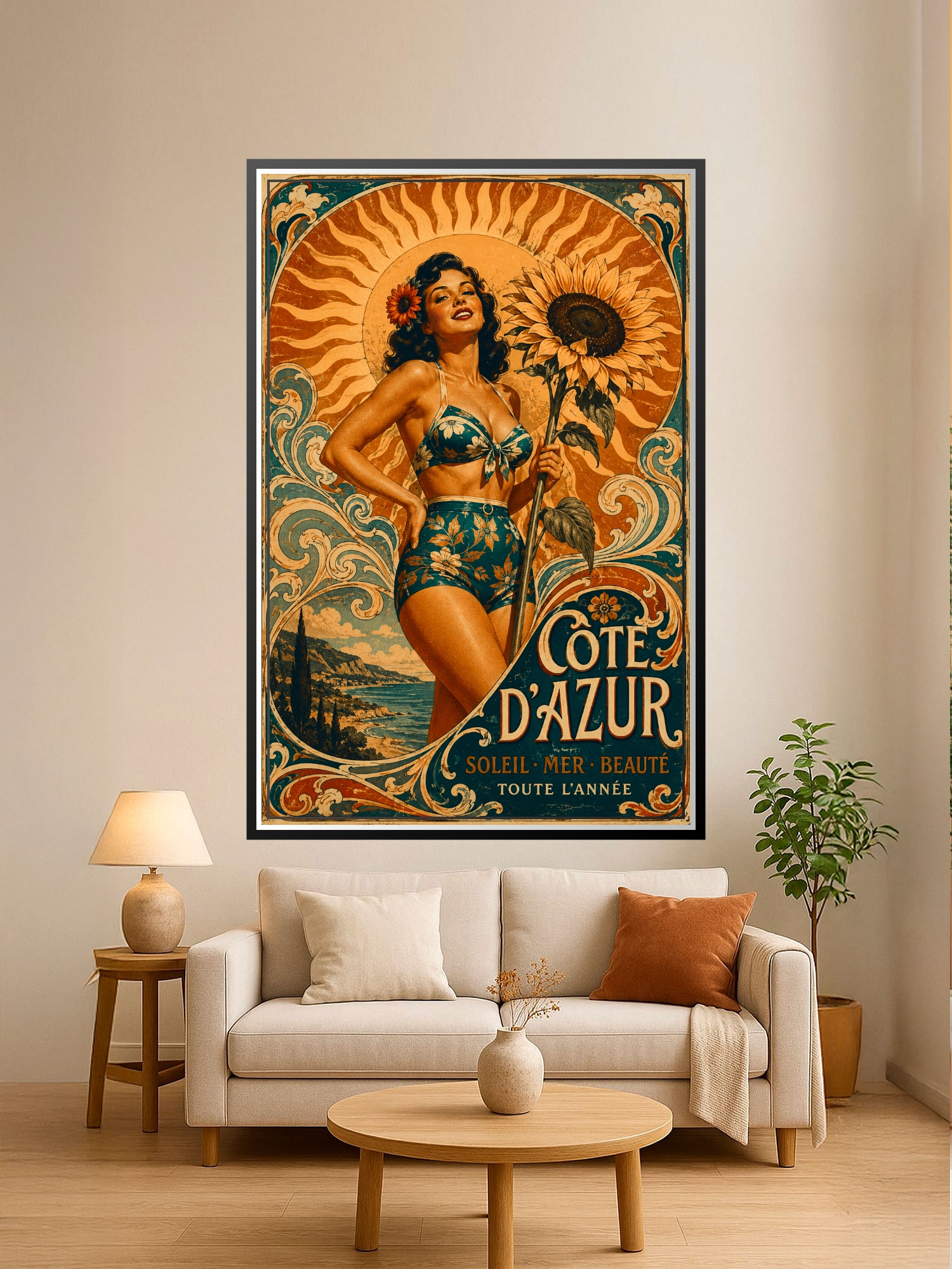 Vintage Art Deco Côte d'Azur poster featuring a glamorous woman with sunflower and golden sun, ornate teal borders and coastal landscape.