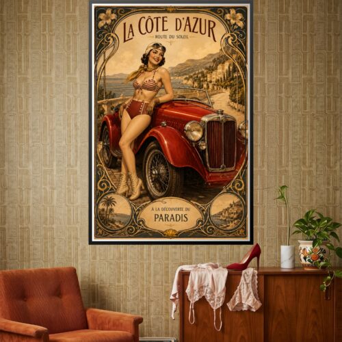 Vintage art deco poster of a glamorous woman with a red sports car overlooking the Mediterranean coastline with ornate gold and black decorative border.