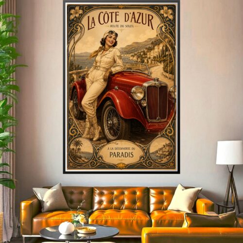 Vintage art deco Côte d'Azur travel poster featuring a glamorous woman in cream aviator suit beside a red MG sports car with Mediterranean coastline and ornate decorative border.