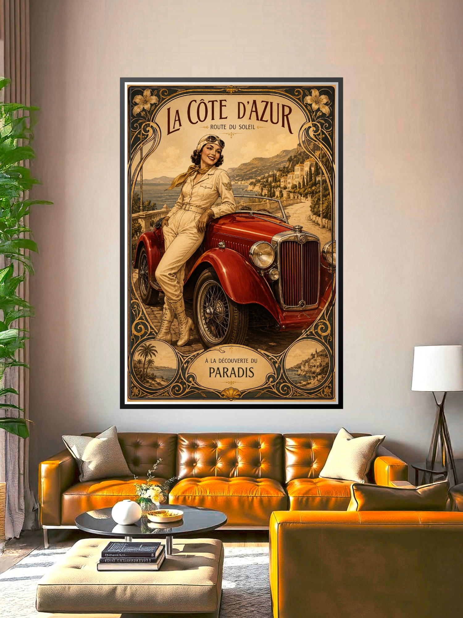 Vintage art deco Côte d'Azur travel poster featuring a glamorous woman in cream aviator suit beside a red MG sports car with Mediterranean coastline and ornate decorative border.