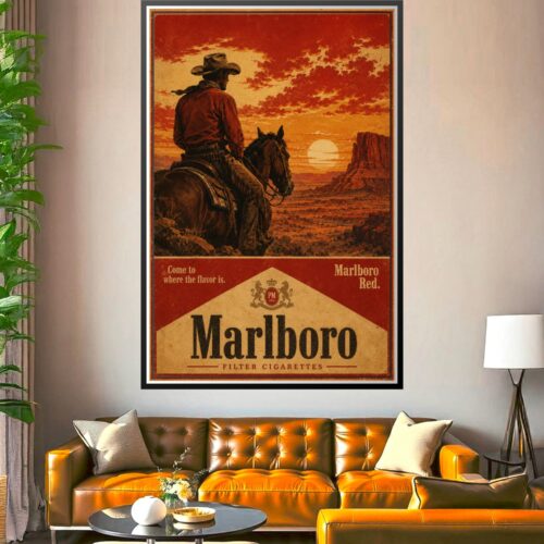 Vintage cowboy on horseback silhouetted against a dramatic red-orange sunset with desert buttes, rendered in classic Western art style with warm golden and burnt orange tones.