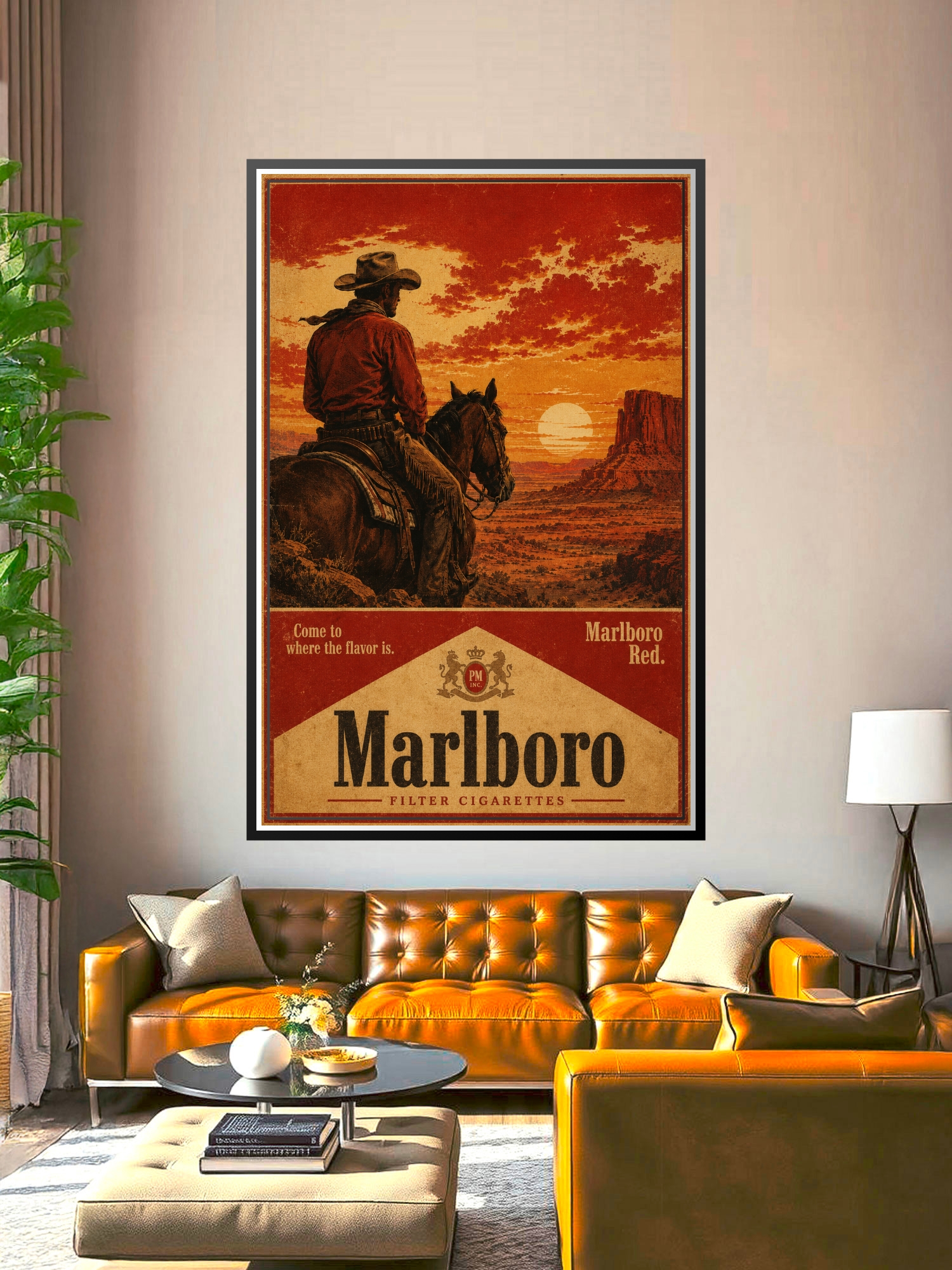 Vintage cowboy on horseback silhouetted against a dramatic red-orange sunset with desert buttes, rendered in classic Western art style with warm golden and burnt orange tones.