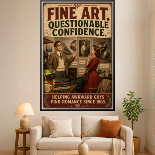 Vintage-style retro poster featuring two figures in a study with classical art framed on walls, books stacked on desk, globe lamp, and witty text about fine art and romance.