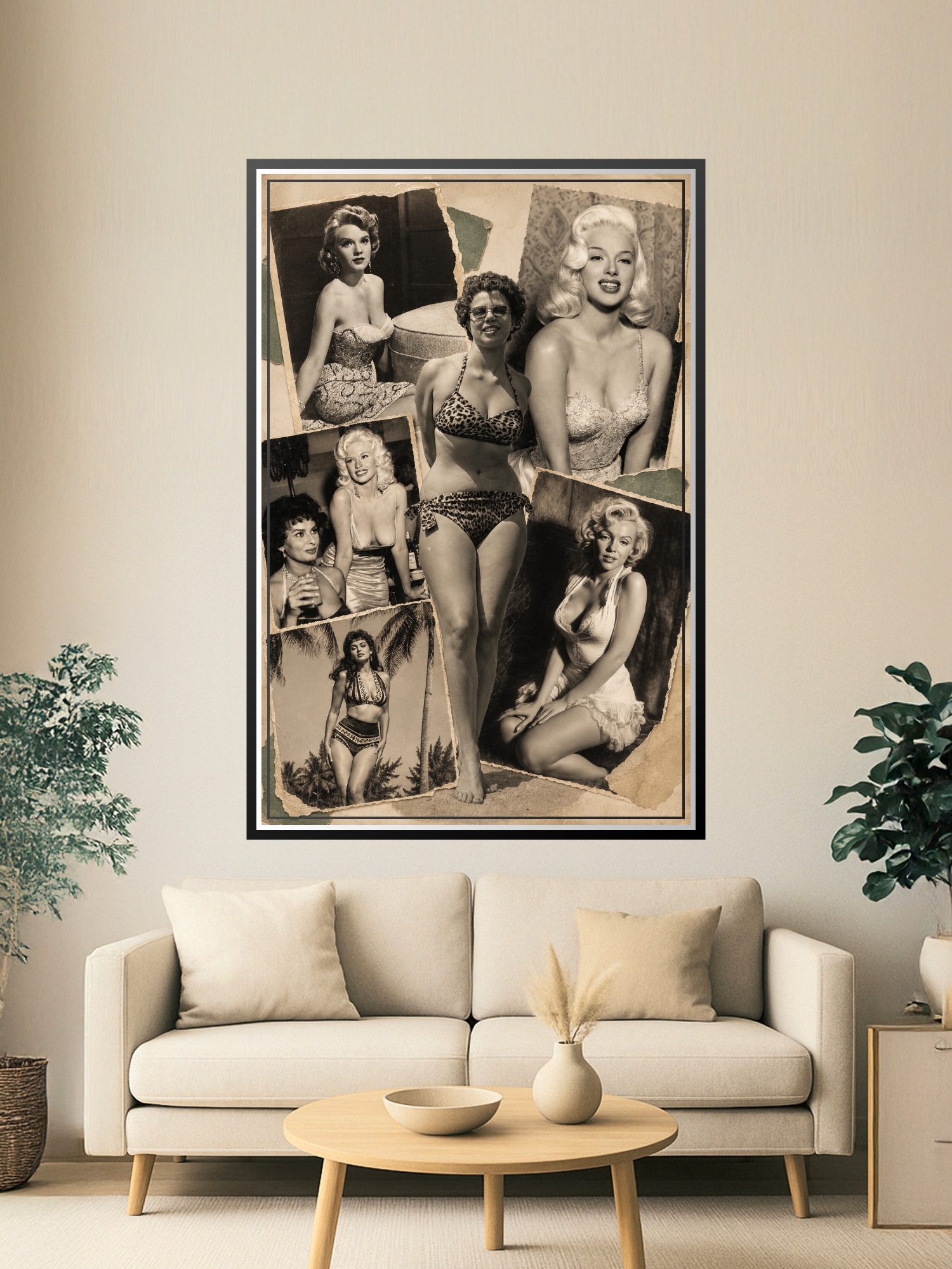 Vintage Hollywood glamour collage poster featuring 1950s silver-screen starlets and bombshells arranged in a sepia-toned scrapbook style with faux-torn photo borders.