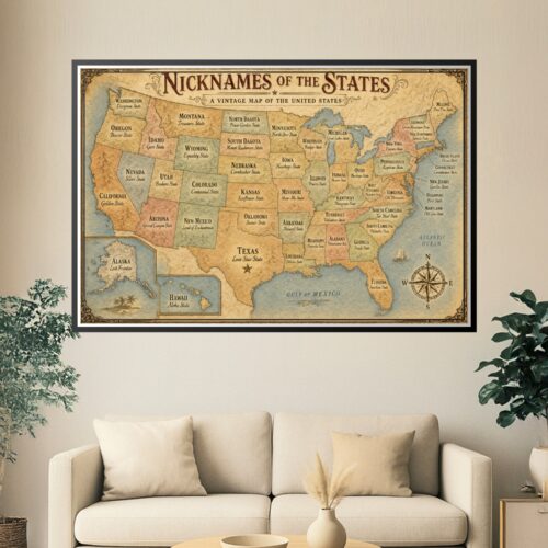 Vintage map of the United States showing all 50 states labeled with their official nicknames in sepia tones with decorative border and compass rose.