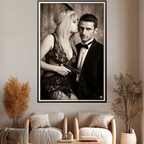 Vintage sepia-toned noir portrait of an elegant 1920s couple in formal attire, woman in lace headband leaning toward man in tuxedo, cinematic wall art poster.