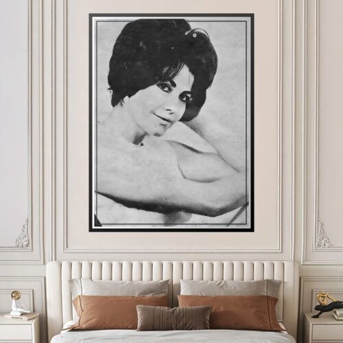 Black-and-white vintage portrait photography of a woman with 1960s styling, elegant side profile pose with dramatic lighting on light background.