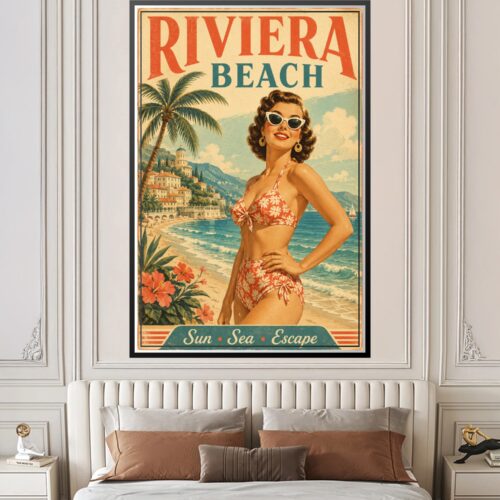 Vintage Riviera Beach retro travel poster featuring a 1950s woman in beachwear with palm trees, coastal villas, and turquoise waters.