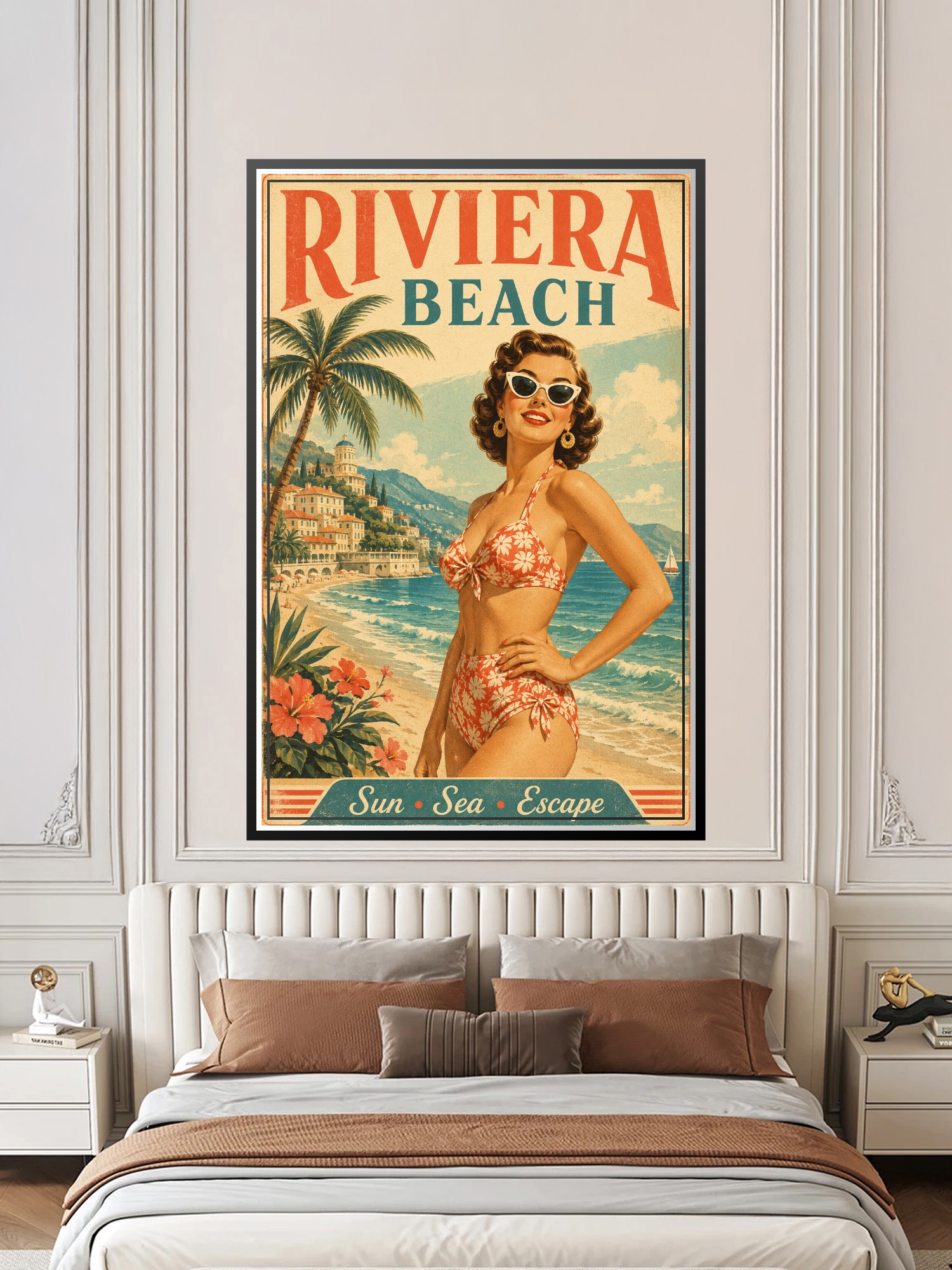 Vintage Riviera Beach retro travel poster featuring a 1950s woman in beachwear with palm trees, coastal villas, and turquoise waters.