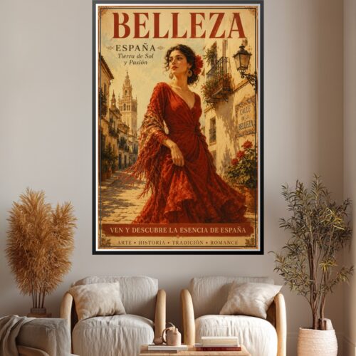 Vintage Spanish travel poster featuring an elegant woman in a crimson dress standing in a sunlit Andalusian street with colonial architecture and ornate balconies.