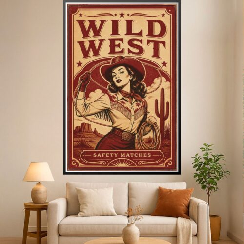 Vintage Wild West cowgirl poster with retro matchbox design, featuring a woman in pearl-snap shirt and wide-brimmed hat holding a lasso against desert landscape with cacti and buttes.