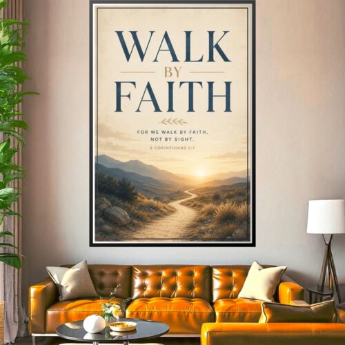Walk by Faith scripture poster with golden-hour mountain landscape and winding river, featuring 2 Corinthians 5:7 typography wall art.