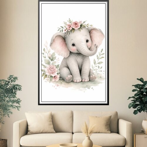 Soft watercolor baby elephant wearing a crown of pink roses and green foliage, surrounded by delicate botanical sprays on a white background.