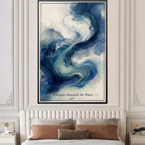 Watercolor ocean wave poster with flowing navy blue, seafoam, and cream tones depicting serene abstract water movement.