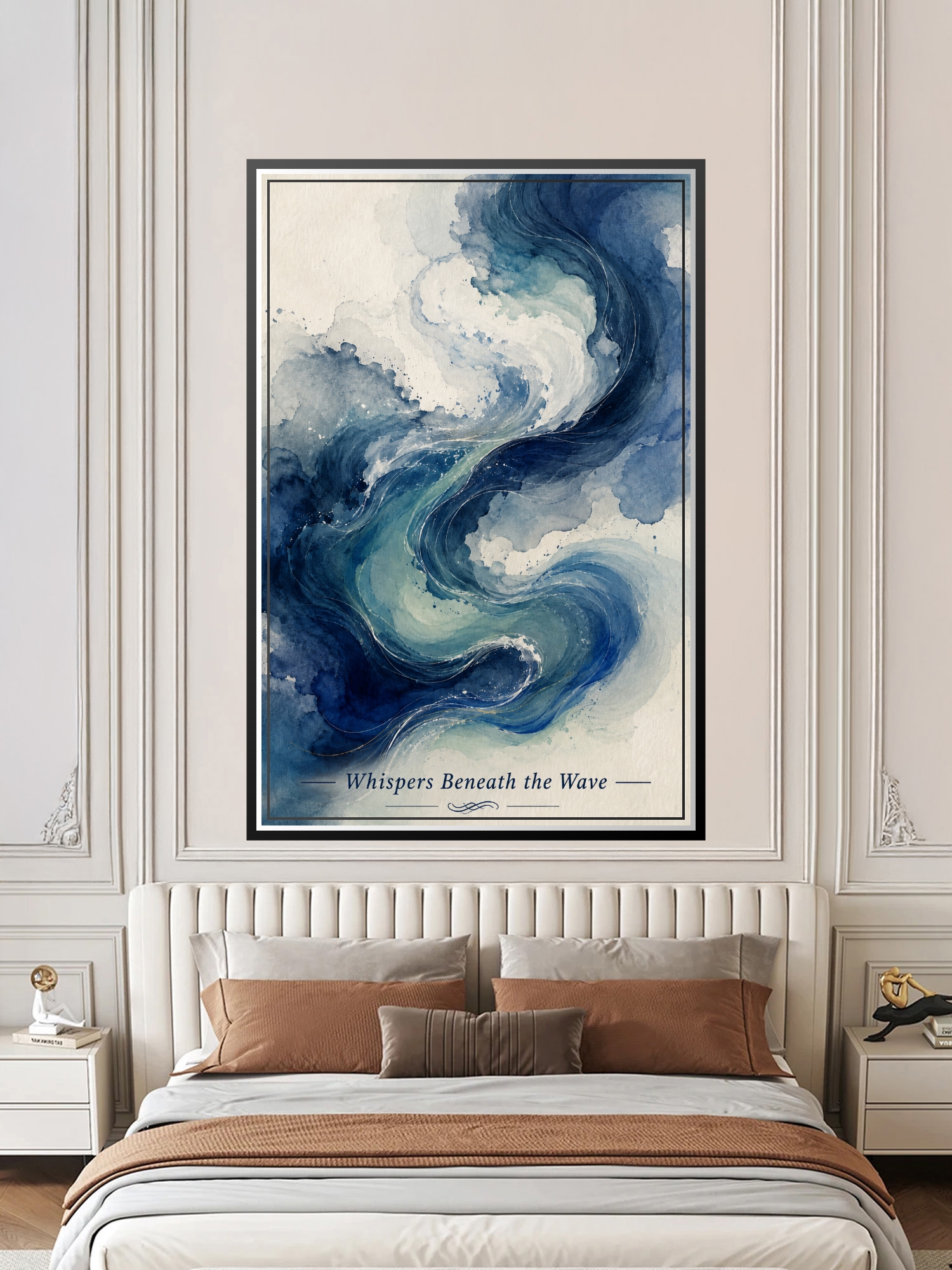 Watercolor ocean wave poster with flowing navy blue, seafoam, and cream tones depicting serene abstract water movement.