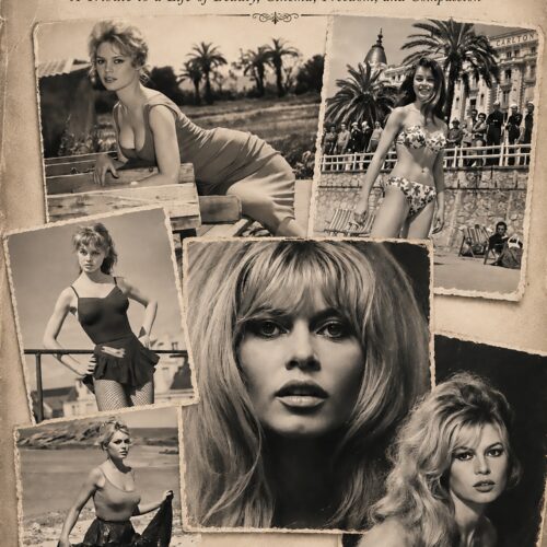 Vintage collage of Brigitte Bardot featuring black and white photographs of the French cinema icon across multiple frames with sepia-toned background.
