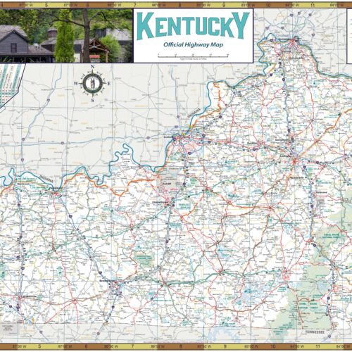 Kentucky Official Highway Map poster showing detailed highway network, counties, and geographical features in blue, green, and earth tones with vintage cartographic styling.