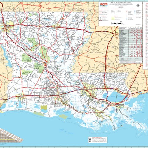 Official Louisiana highway map showing red highways, county lines, waterways, and geographic features with legend and distance tables.
