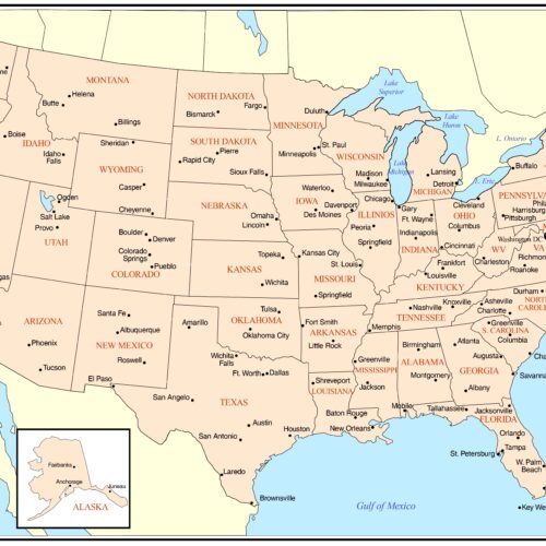 Political map of the United States showing all 50 states in cream and tan with major cities, state capitals, and geographic boundaries marked.