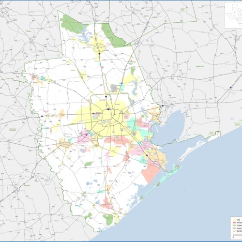 Detailed Houston district map showing street networks, color-coded city zones, military areas, public land, airports, and waterways with surrounding regions.