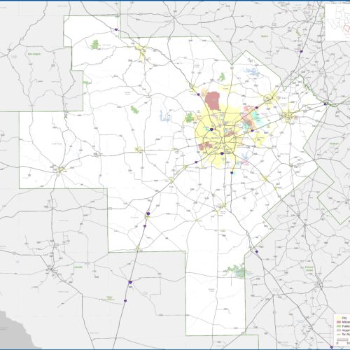 San Antonio district map showing highways, cities, military installations, public lands, airports, and toll roads across central Texas with color-coded zones.
