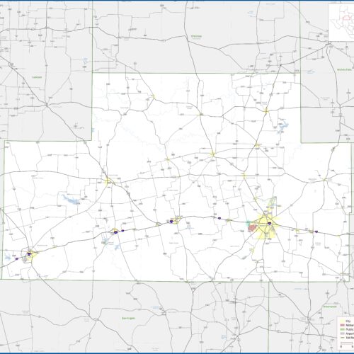 Road map of Abilene District showing highways, county lines, cities, and townships with color-coded routes and scale.