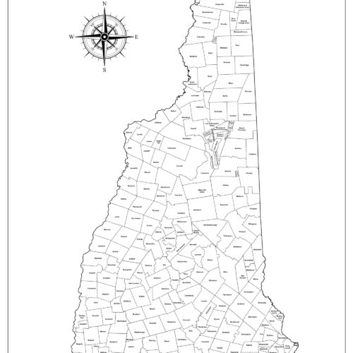 Black and white outline map of the State of New Hampshire showing all towns and boundaries