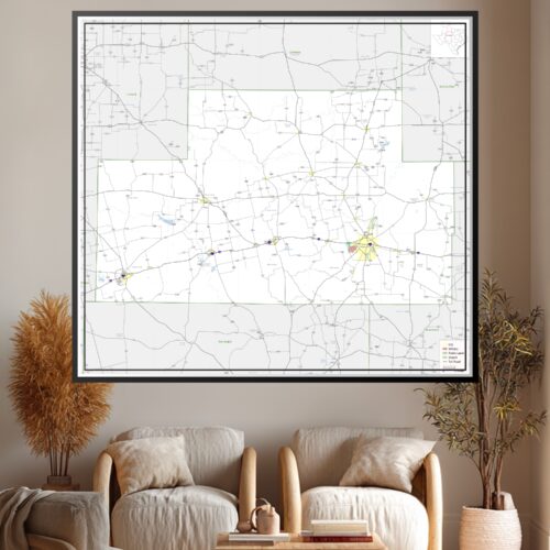 Road map of Abilene District showing highways, county lines, cities, and townships with color-coded routes and scale.