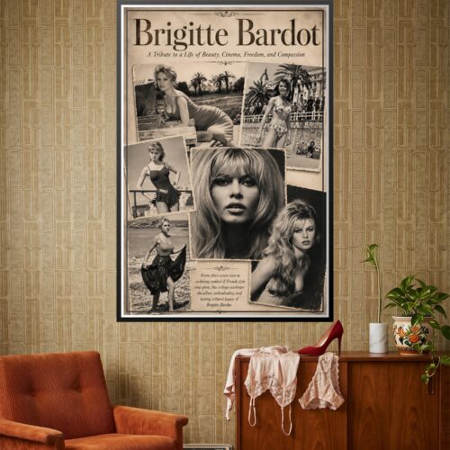 Vintage collage of Brigitte Bardot featuring black and white photographs of the French cinema icon across multiple frames with sepia-toned background.