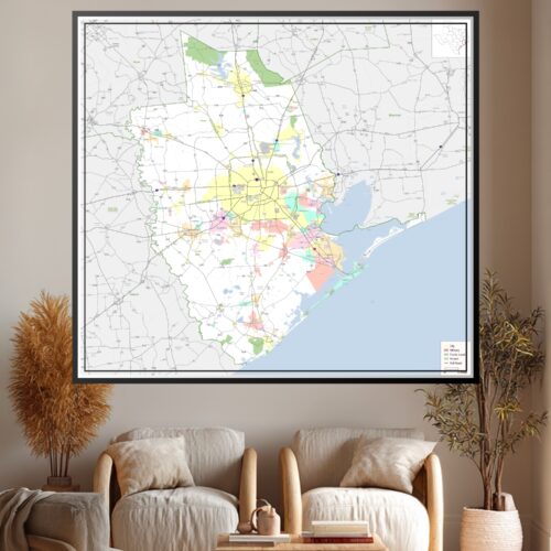 Detailed Houston district map showing street networks, color-coded city zones, military areas, public land, airports, and waterways with surrounding regions.