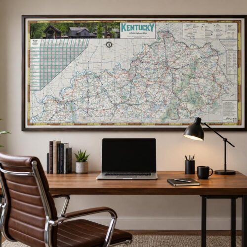 Kentucky Official Highway Map poster showing detailed highway network, counties, and geographical features in blue, green, and earth tones with vintage cartographic styling.