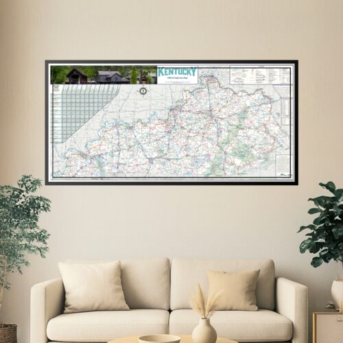 Kentucky Official Highway Map poster showing detailed highway network, counties, and geographical features in blue, green, and earth tones with vintage cartographic styling.
