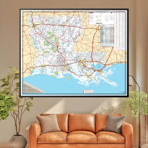 Official Louisiana highway map showing red highways, county lines, waterways, and geographic features with legend and distance tables.