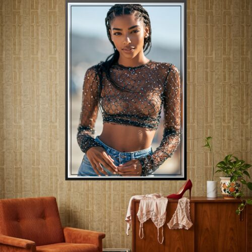 Photographic portrait of a woman in beaded mesh top against coastal backdrop, golden-hour lighting, contemporary wall art.