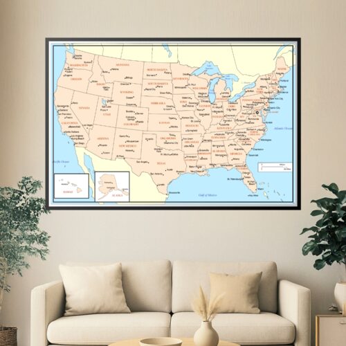 Political map of the United States showing all 50 states in cream and tan with major cities, state capitals, and geographic boundaries marked.