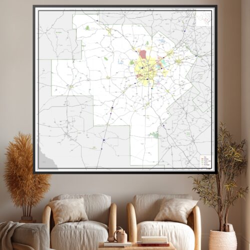 San Antonio district map showing highways, cities, military installations, public lands, airports, and toll roads across central Texas with color-coded zones.
