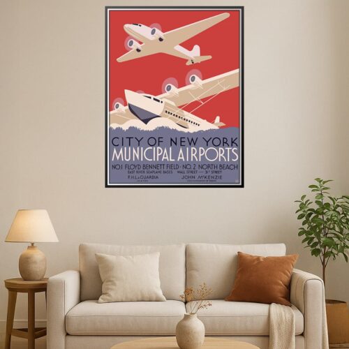 Vintage wall art poster featuring seaplanes over a red backdrop, styled in art deco aesthetics, ideal for home or office decor.