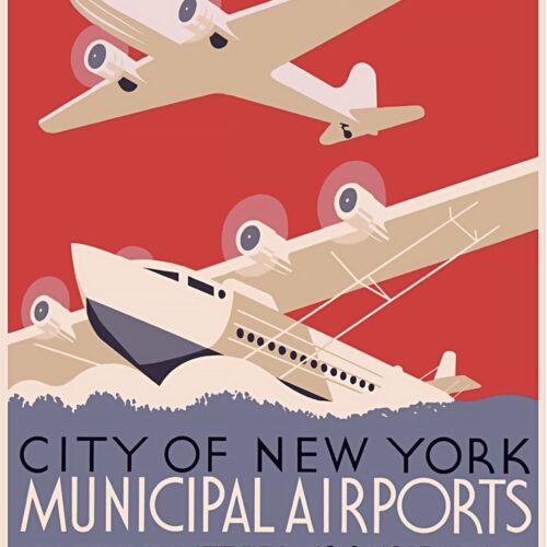 Vintage wall art poster featuring seaplanes over a red backdrop, styled in art deco aesthetics, ideal for home or office decor. original artwork file