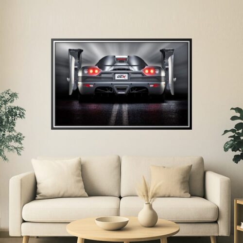 Koenigsegg CCX wall art poster showcasing a stunning rear view of the hypercar with dynamic lighting and modern design, suitable for stylish home or office decor.