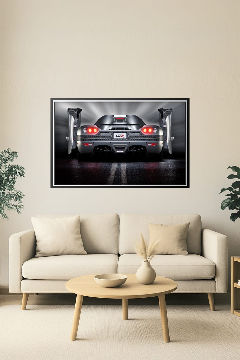 Koenigsegg CCX wall art poster showcasing a stunning rear view of the hypercar with dynamic lighting and modern design, suitable for stylish home or office decor.