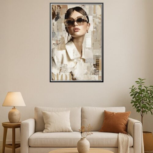 Chic Elegance wall art poster featuring a fashionable woman with sunglasses in an abstract beige and cream background, perfect for modern home and office decor.