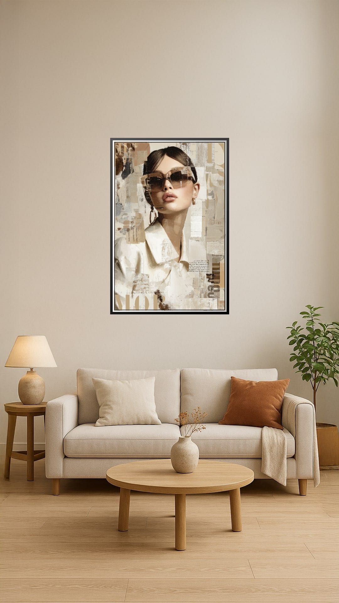 Chic Elegance wall art poster featuring a fashionable woman with sunglasses in an abstract beige and cream background, perfect for modern home and office decor.