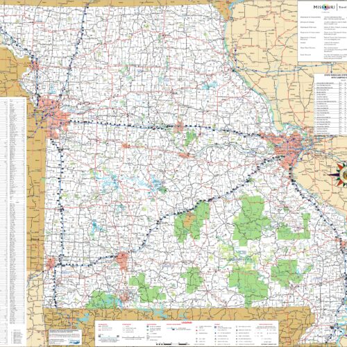 Detailed road map of Missouri showing county lines, highways, cities, and geographic landmarks with complete city index and compass rose on cream and green background.