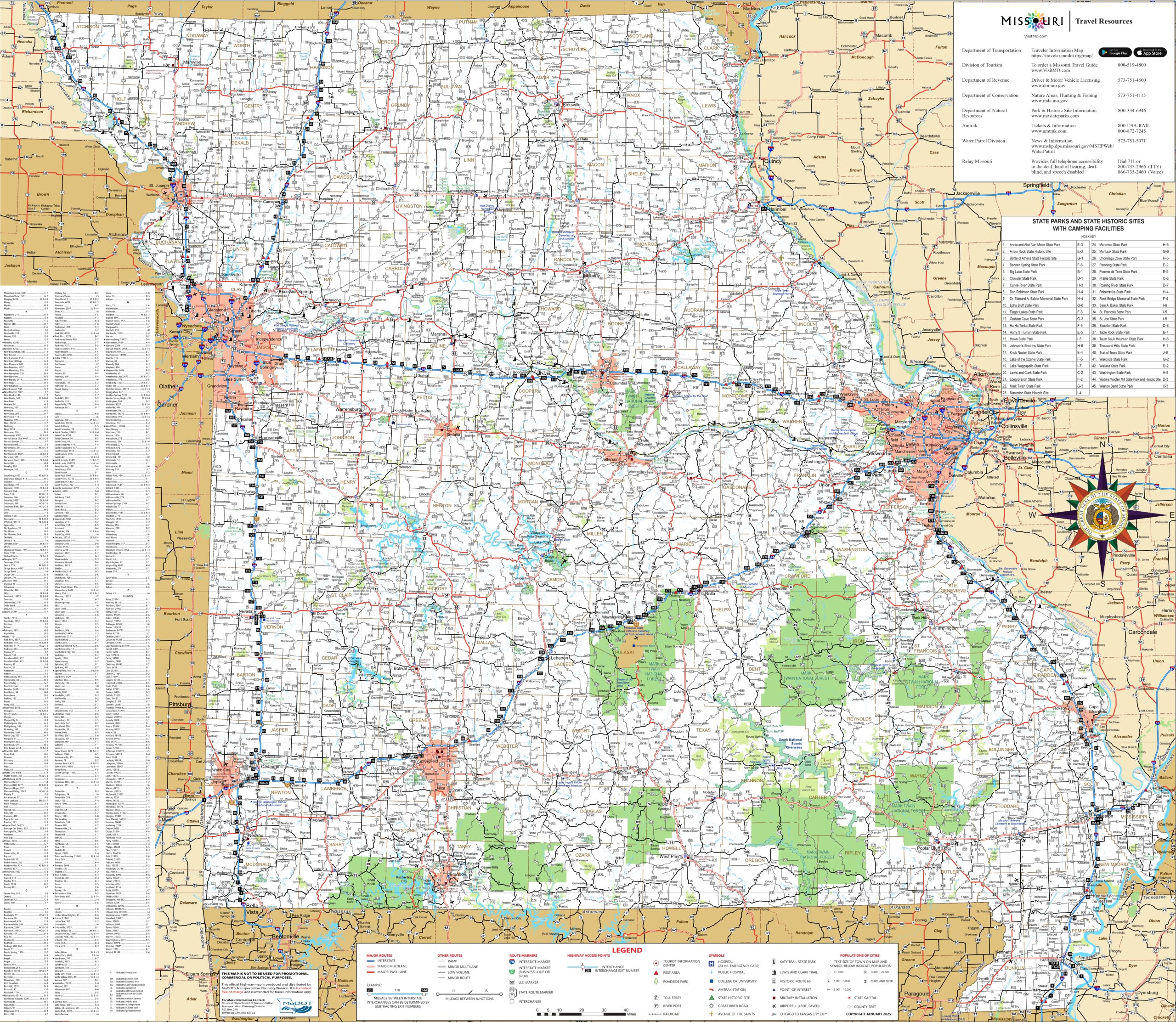 Detailed road map of Missouri showing county lines, highways, cities, and geographic landmarks with complete city index and compass rose on cream and green background.