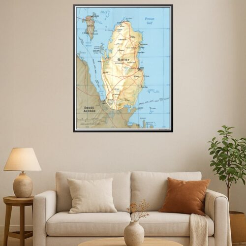 Country map of Qatar in beige and blue tones, featuring cities and geographical details.