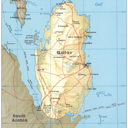Country map of Qatar in beige and blue tones, featuring cities and geographical details. detailed artwork view