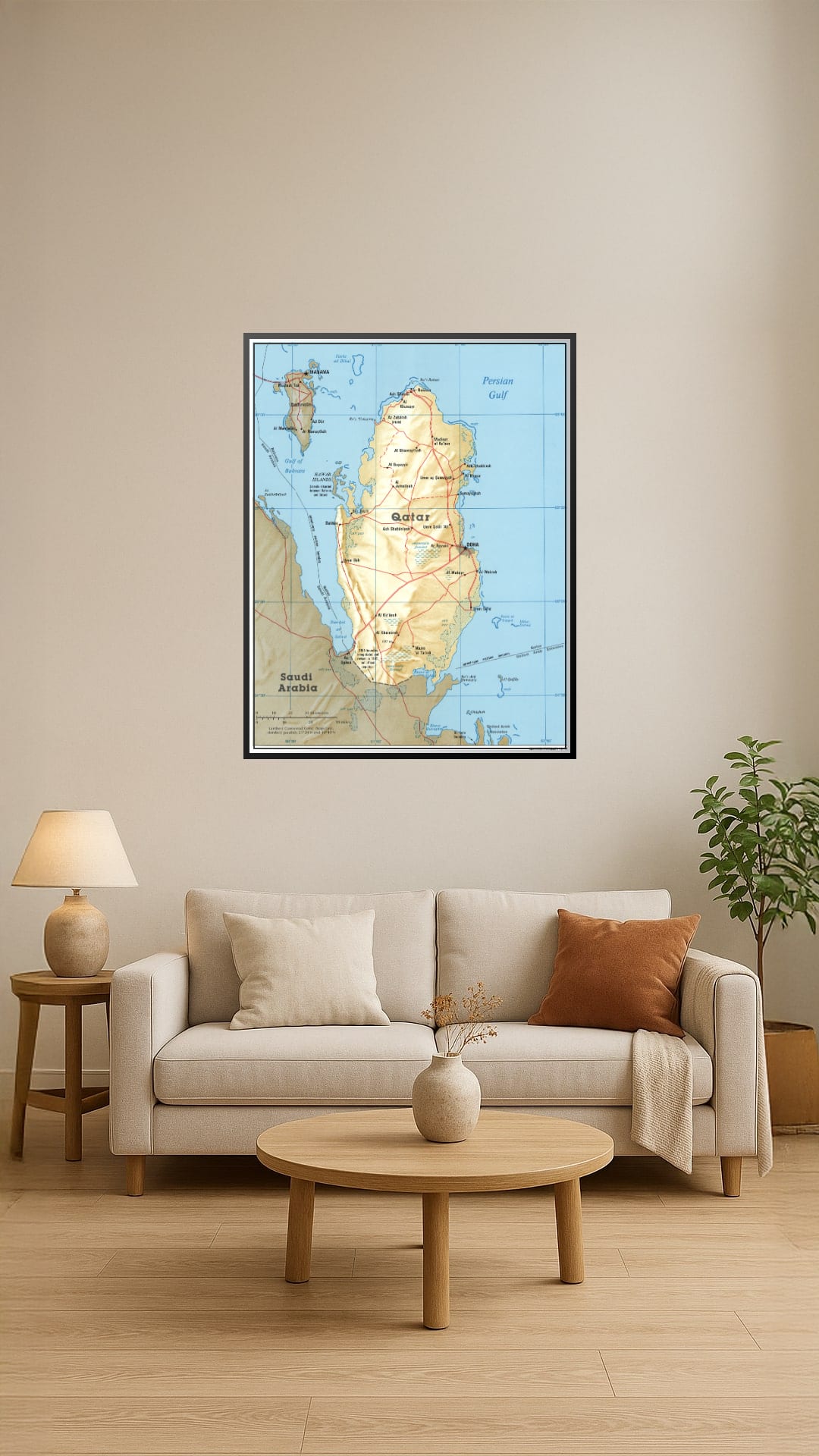Country map of Qatar in beige and blue tones, featuring cities and geographical details.