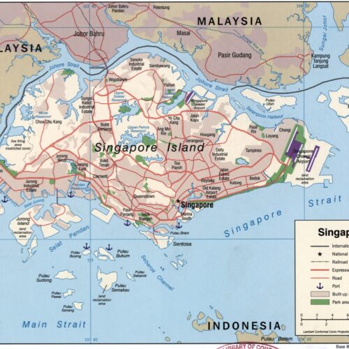 Geographic map of Singapore showing urban layout and key features. detailed artwork view